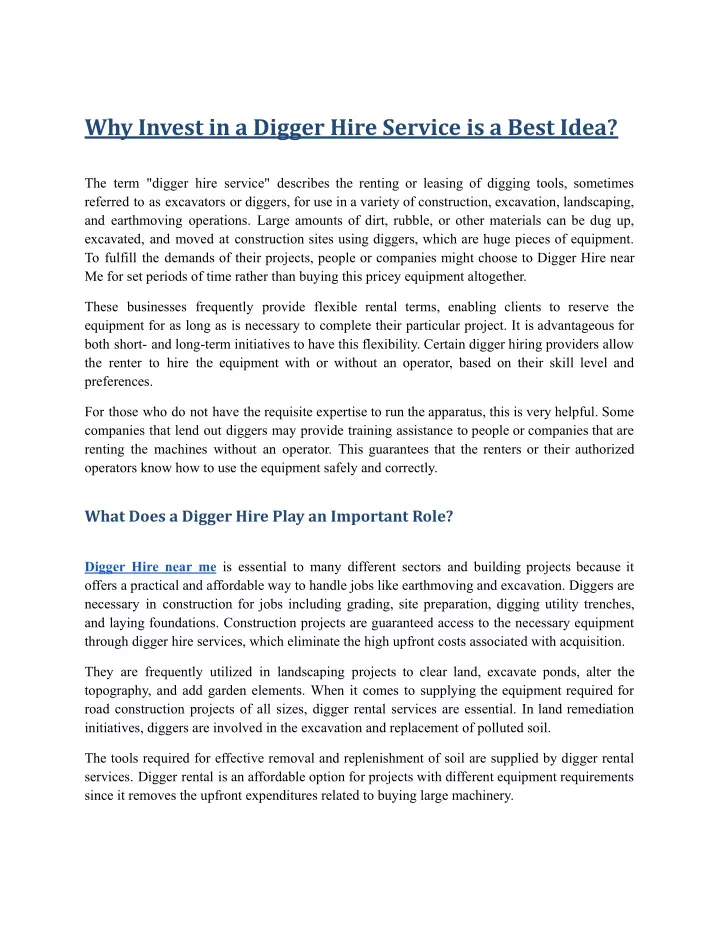 why invest in a digger hire service is a best idea