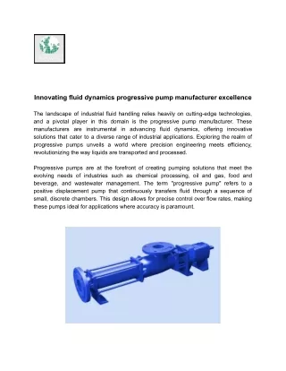 Innovating Fluid Dynamics Progressive Pump Manufacturer Excellence