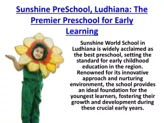 Sunshine PreSchool  Ludhiana-Best Preschool In Ludhiana