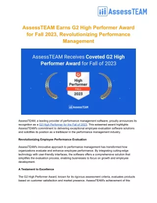 AssessTEAM Receives Coveted G2 High Performer Award for Fall of 2023 - AssessTEAM