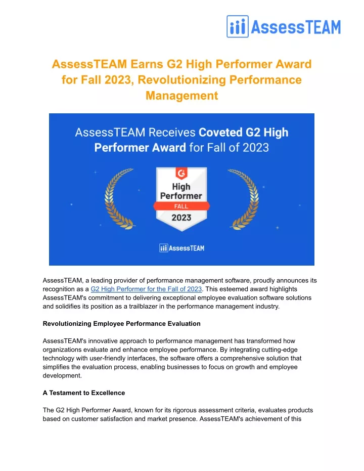 assessteam earns g2 high performer award for fall