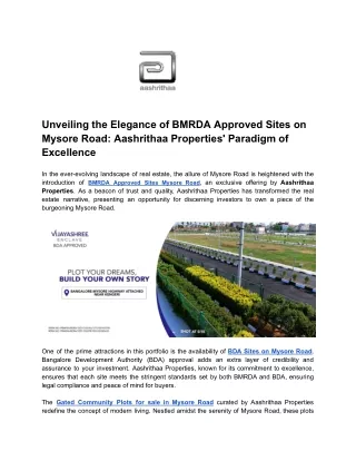Unveiling the Elegance of BMRDA Approved Sites on Mysore Road_ Aashrithaa Properties' Paradigm of Excellence