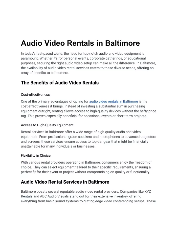 audio video rentals in baltimore