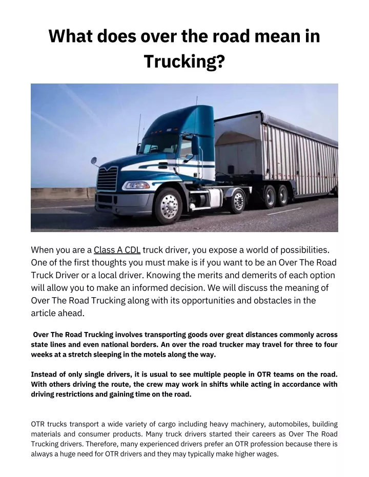 what does over the road mean in trucking