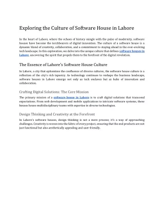 Exploring the Culture of Software House in Lahore