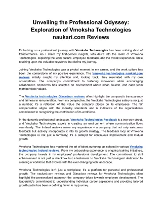 Unveiling the Professional Odyssey - Exploration of Vmoksha Technologies naukari.com Reviews