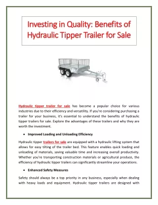 Investing in Quality: Benefits of Hydraulic Tipper Trailer for Sale