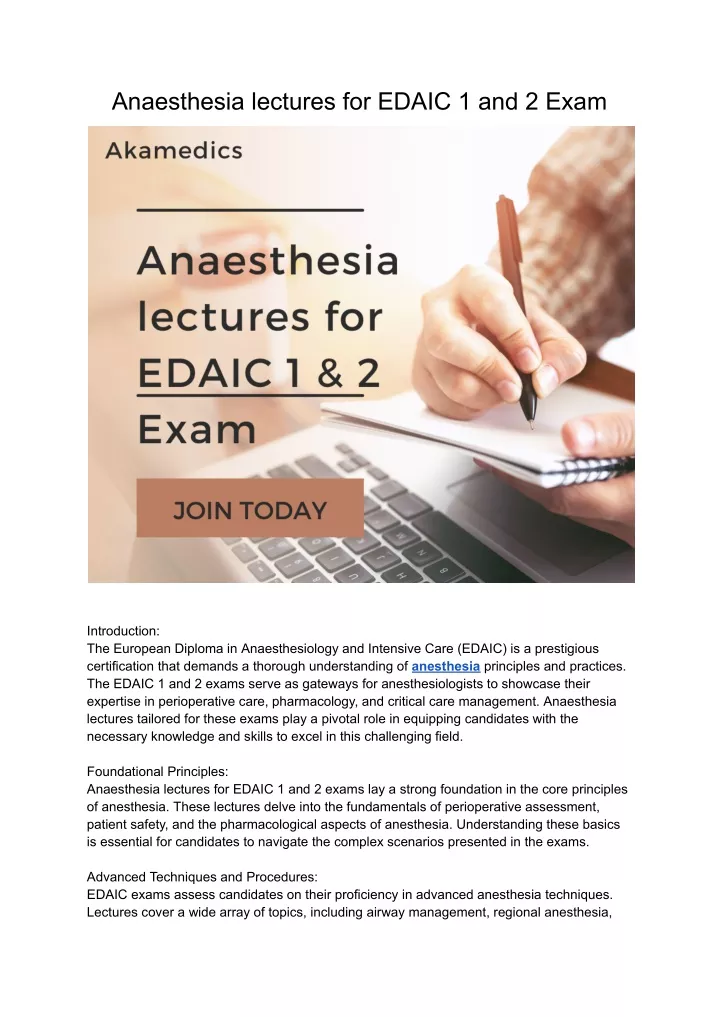 anaesthesia lectures for edaic 1 and 2 exam