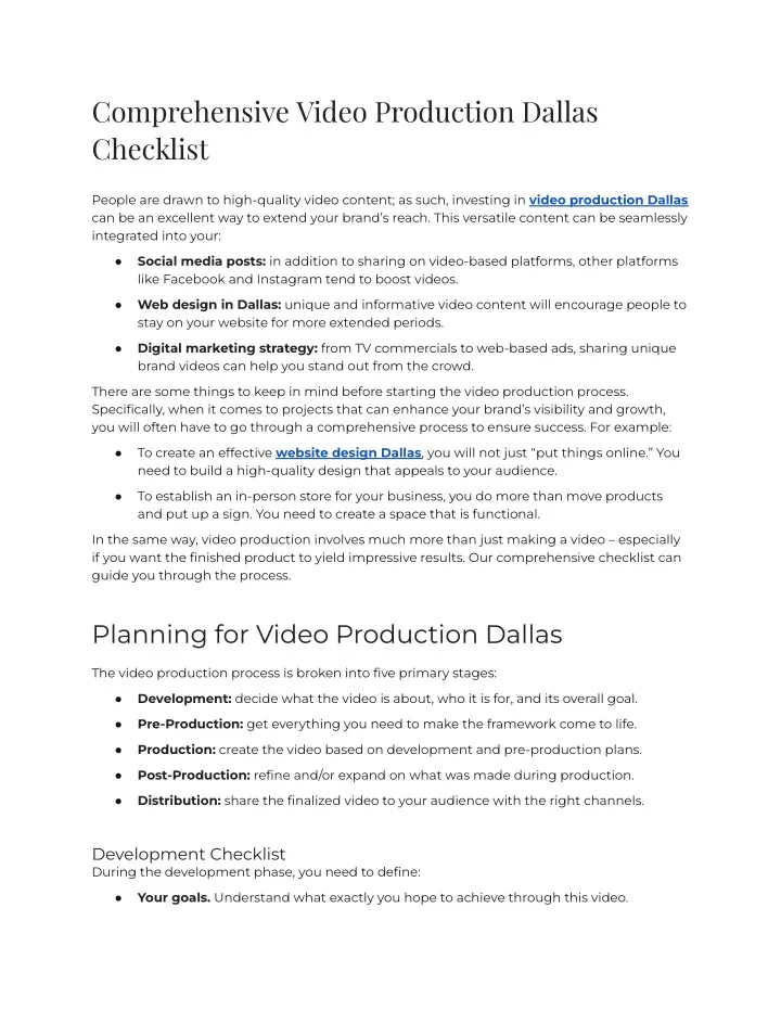 comprehensive video production dallas checklist