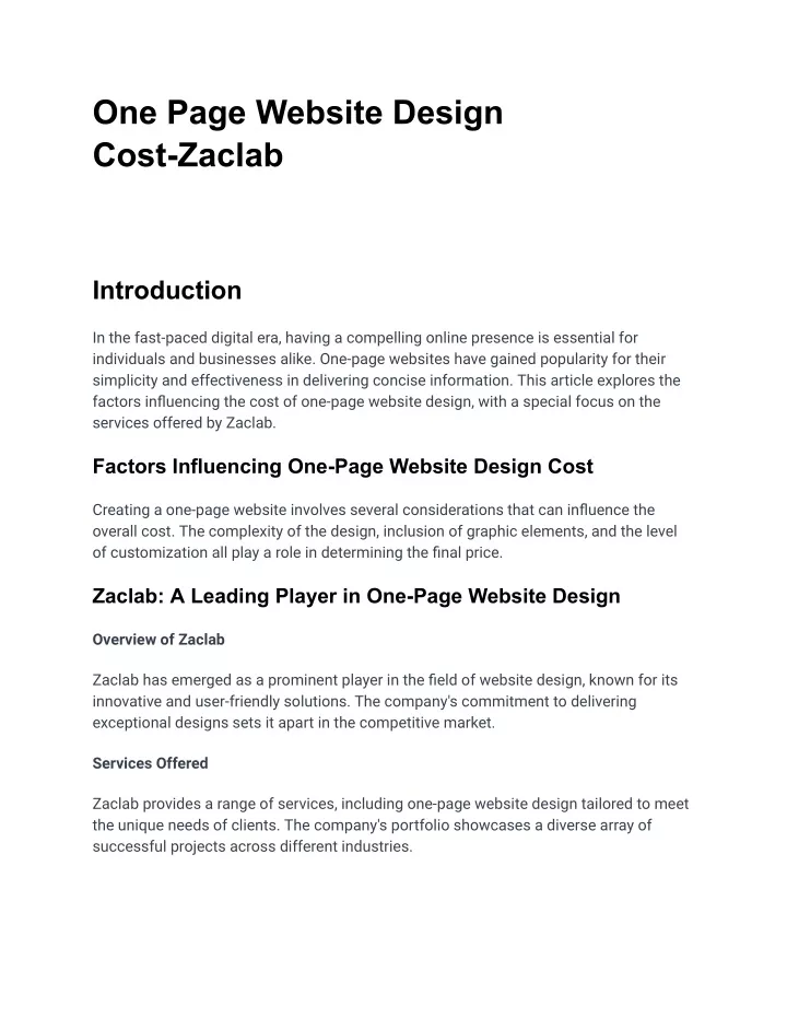 one page website design cost zaclab