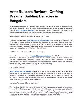 Aratt Builders Reviews_ Crafting Dreams, Building Legacies in Bangalore