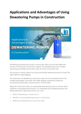 Applications and Advantages of Using Dewatering Pumps in Construction