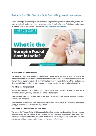 Vampire Facial Cost in Bangalore