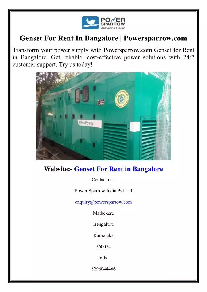 genset for rent in bangalore powersparrow com