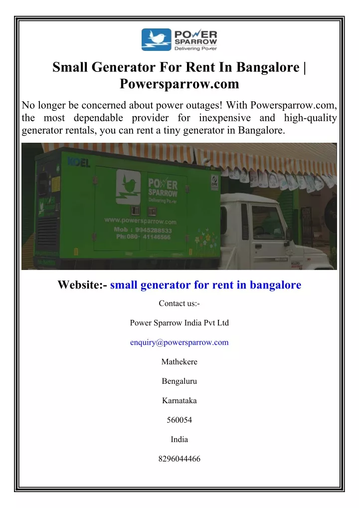 small generator for rent in bangalore