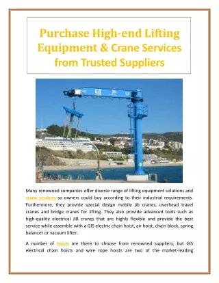 Purchase High-end Lifting Equipment & Crane Services from Trusted Suppliers