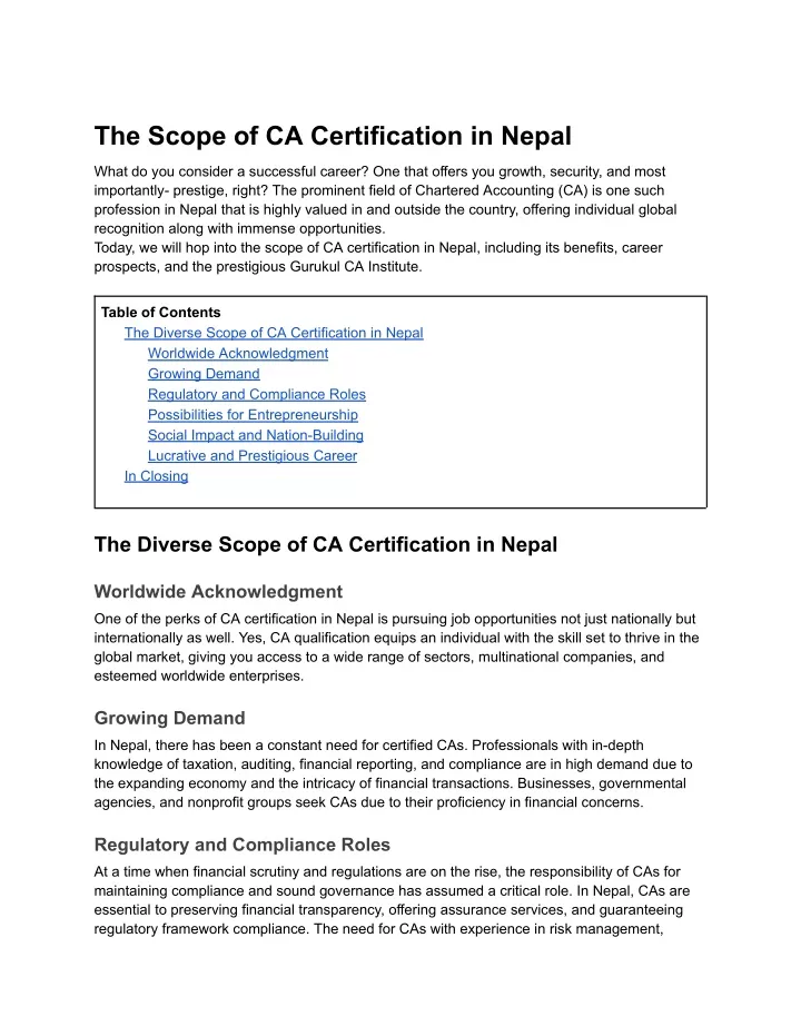 the scope of ca certification in nepal
