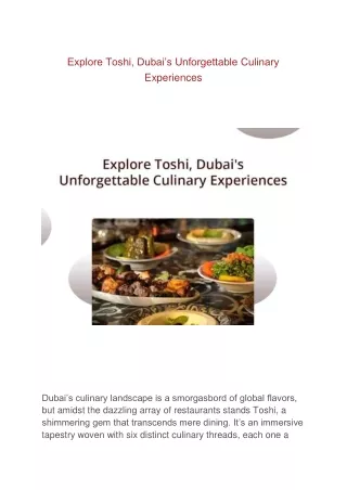 Explore Toshi, Dubai's Unforgettable Culinary Experiences