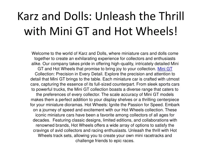 karz and dolls unleash the thrill with mini gt and hot wheels