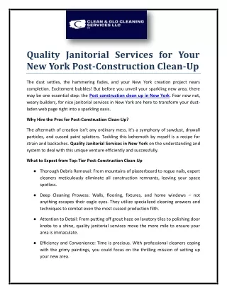 Quality Janitorial Services for Your New York Post-Construction Clean-Up