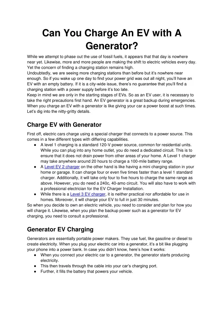 can you charge an ev with a generator