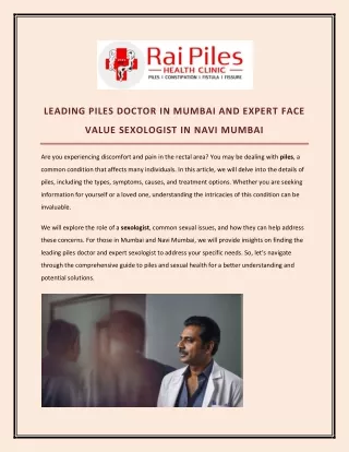 Leading Piles Doctor in Mumbai and Expert Face Value Sexologist in Navi Mumbai
