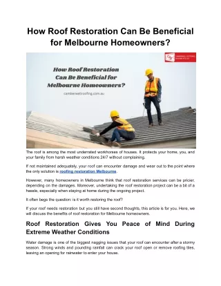 How Roof Restoration Can Be Beneficial for Melbourne Homeowners?
