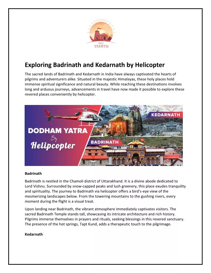 exploring badrinath and kedarnath by helicopter