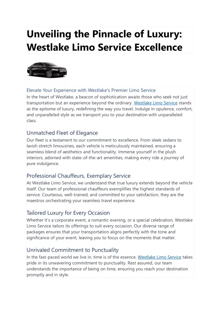 unveiling the pinnacle of luxury westlake limo