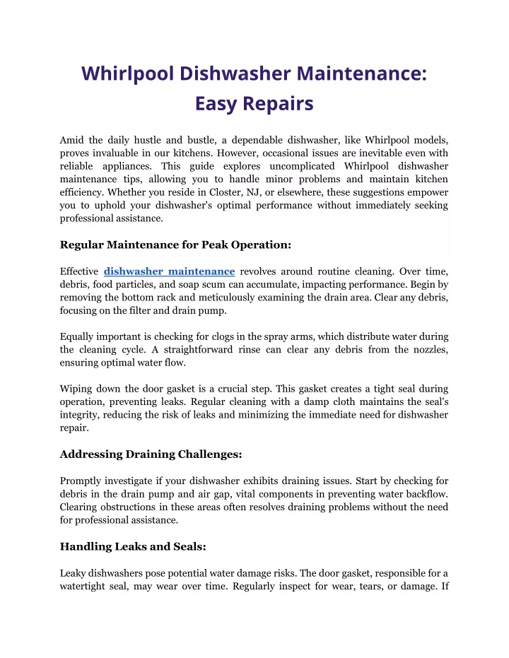 whirlpool dishwasher maintenance easy repairs