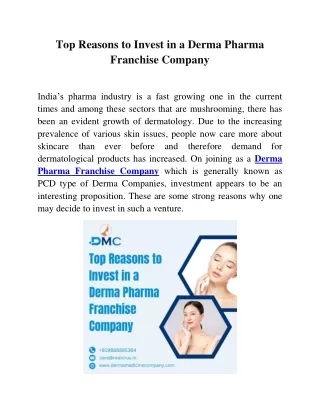 Top Reasons to Invest in a Derma Pharma Franchise Company