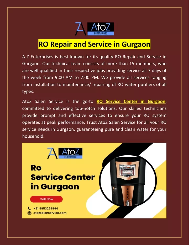 ro repair and service in gurgaon