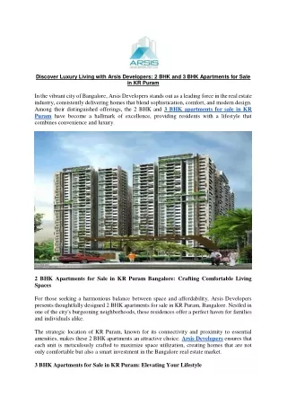 Discover Luxury Living with Arsis Developers, 2 BHK and 3 BHK Apartments for Sale in KR Puram