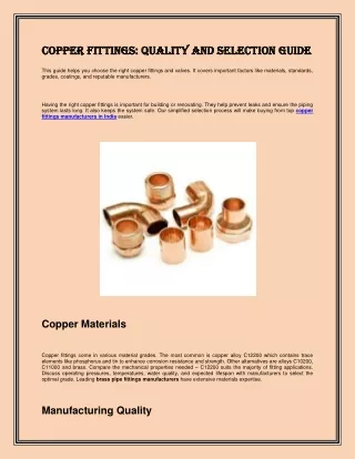 Copper Fittings Quality and Selection Guide