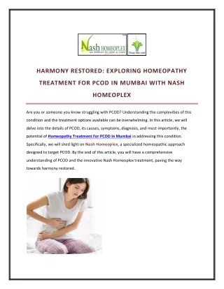 HARMONY RESTORED: EXPLORING HOMEOPATHY TREATMENT FOR PCOD IN MUMBAI WITH NASH HO