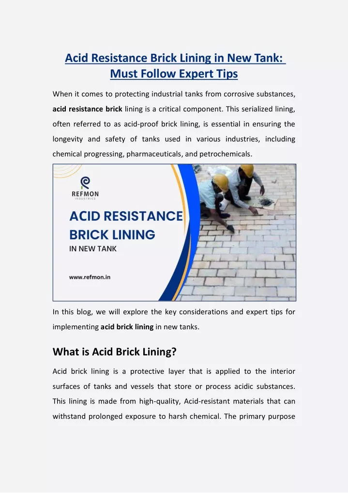 acid resistance brick lining in new tank must