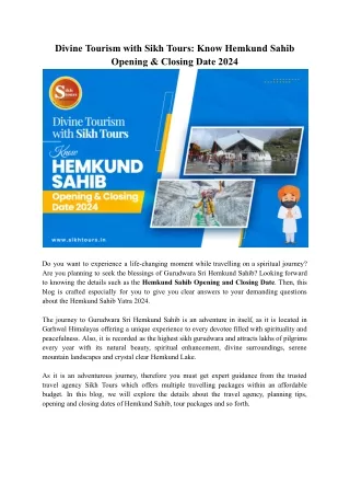 Divine Tourism with Sikh Tours-Know Hemkund Sahib Opening & Closing Date 2024