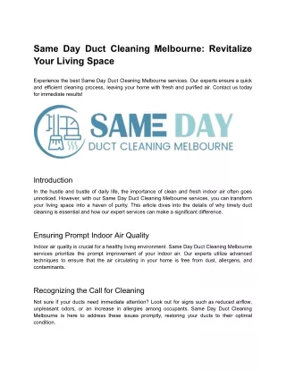 Same Day Duct Cleaning Melbourne_ Revitalize Your Living Space