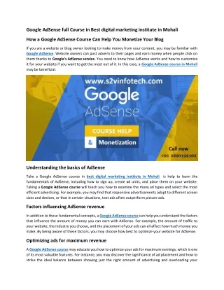 Google AdSense full Course in Best digital marketing institute in Mohali