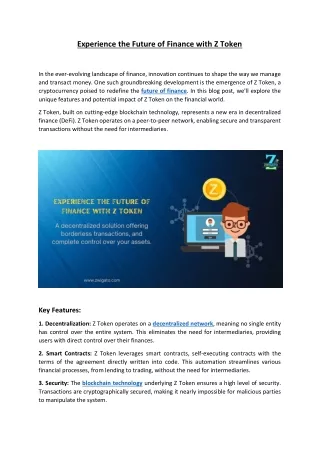 experience the future of finance with z token