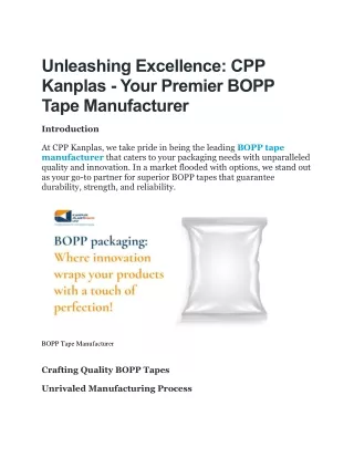 Unleashing Excellence: CPP Kanplas - Your Premier BOPP Tape Manufacturer