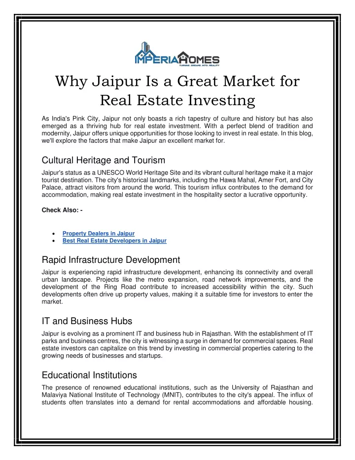 why jaipur is a great market for real estate