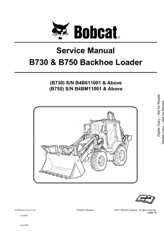 Bobcat B730 Backhoe Loader Service Repair Manual (SN B4B611001 and Above)