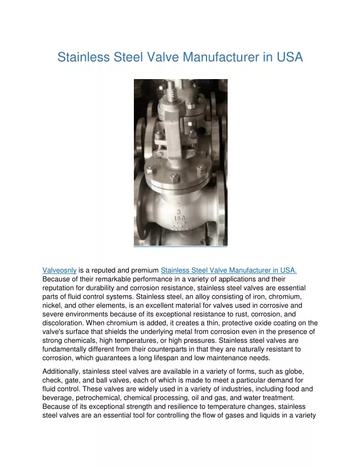 stainless steel valve manufacturer in usa