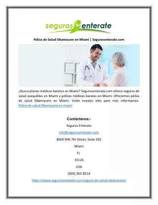 Póliza de Salud Obamacare en Miami | Segurosenterate.com