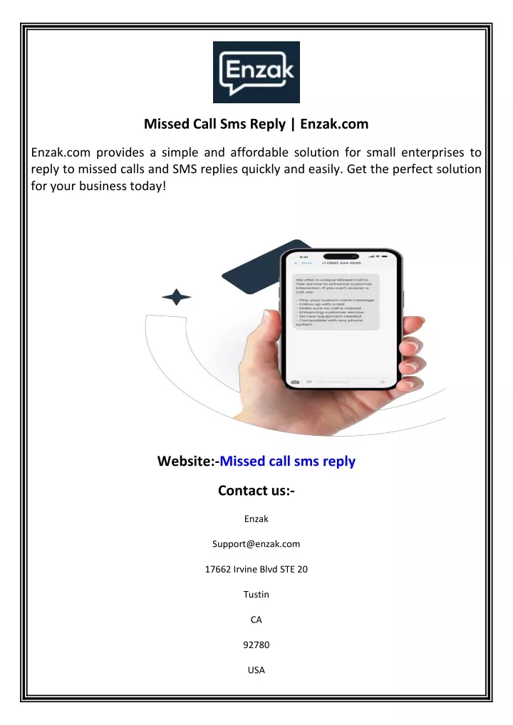 missed call sms reply enzak com