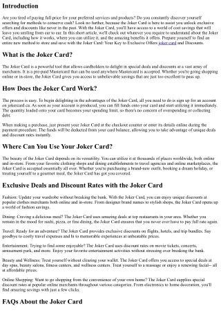 Joker Card: Your Secret to Exclusive Deals and Discount Rates