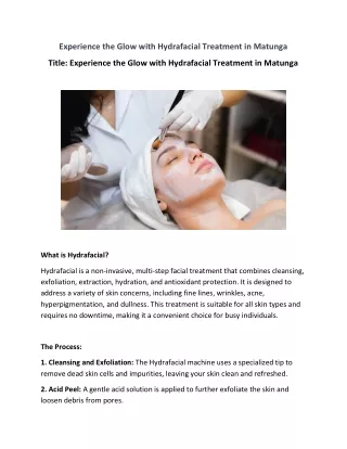 Experience the Glow with Hydrafacial Treatment in Matunga