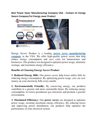 Best Power Saver Manufacturing Company USA - Contact Us Energy Savers Company For Energy saver Product