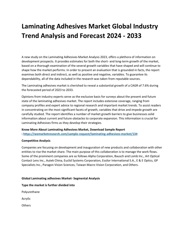 laminating adhesives market global industry trend